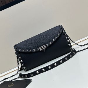 Valentino Rockstud Foldover Crossbody In Grainy Calfskin Black