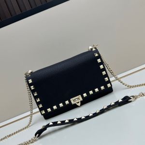 Valentino Small Rockstud Wallet On Chain In Grainy Calfskin Black/Gold
