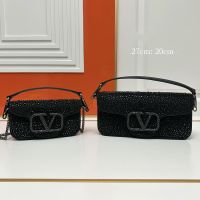 Valentino Loco Shoulder Bag with Crystals Logo In Rhinestones Embroidered Calfskin Black