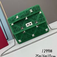 Valentino Medium Roman Stud Shoulder Bag In Rhinestones Embroidered Calfskin Green