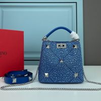 Valentino Mini Roman Stud Handbag In Sparkling Crystals Embroidered Nappa Leather Blue