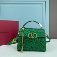 Valentino Mini Vsling Handbag with Crystals Logo In Rhinestones Embroidered Calfskin Green