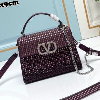 Valentino Mini Vsling Handbag with Crystals Logo In Rhinestones Embroidered Calfskin Purple/Black