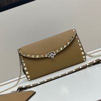 Valentino Rockstud Foldover Crossbody In Grainy Calfskin Camel