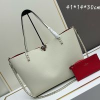Valentino Small Rockstud Tote with Interior Pouch In Grainy Calfskin White