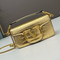 Valentino Small Loco Shoulder Bag In Crocodile Embossed Leather Gold