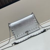 Valentino Small Rockstud Wallet On Chain In Grainy Calfskin Silver