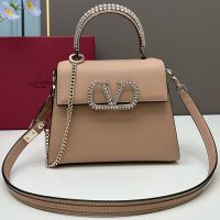 Valentino Small Vsling Handbag with Rhinestones Embroidered Handle and Logo In Calfskin Apricot