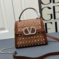 Valentino Small Vsling Handbag with Crystals Logo In Rhinestones Embroidered Raffia Brown