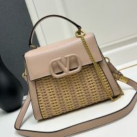 Valentino Small Vsling Handbag In Raffia And Leather Apricot